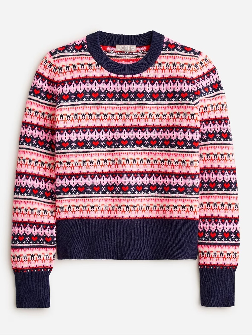 J. CREW Fair Isle Lambswool Heart Crewneck Sweater Pink Blue Small NEW
